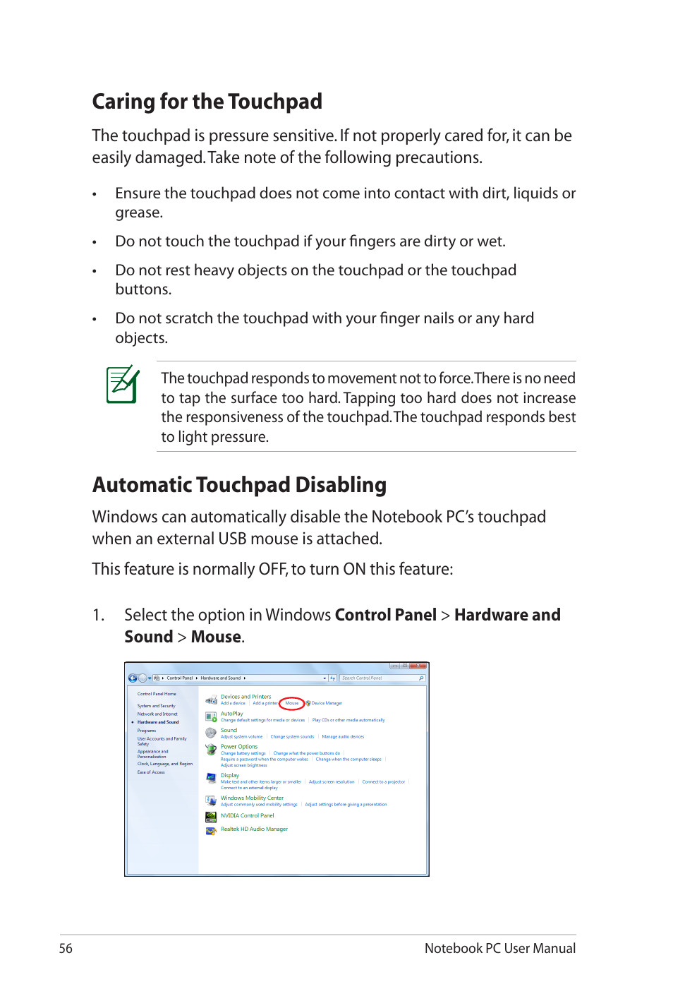 Caring for the touchpad, Automatic touchpad disabling | Asus G60Jx User Manual | Page 56 / 118