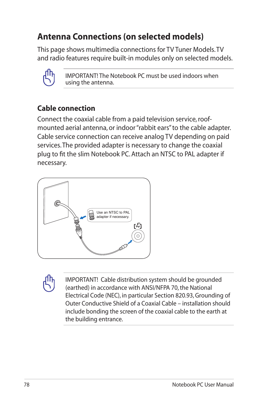 Antenna connections (on selected models), Cable connection | Asus G60Jx User Manual | Page 78 / 118