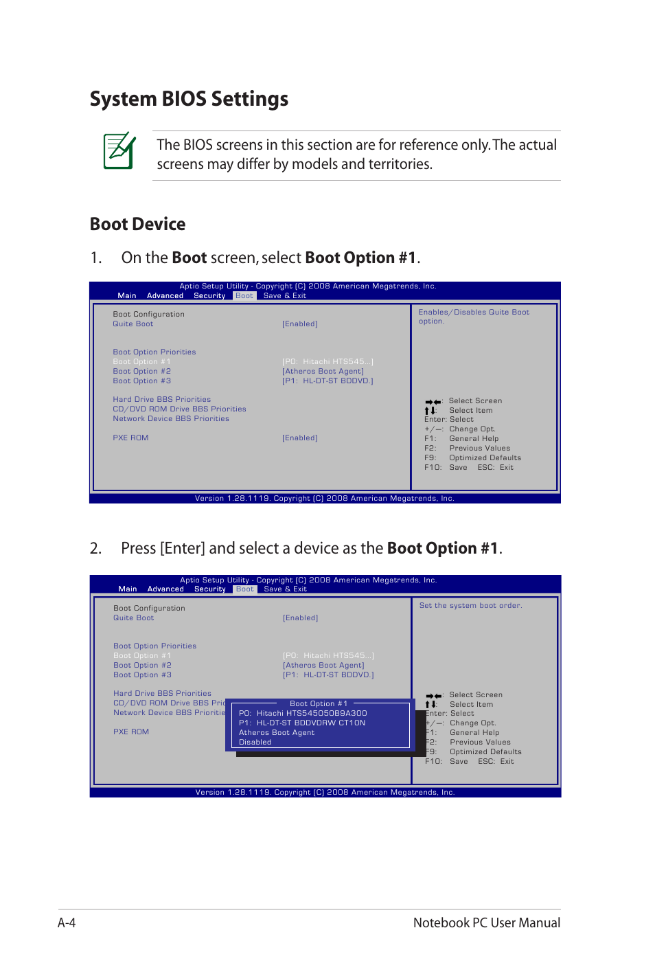 System bios settings, Boot device, On the boot screen, select boot option #1 | Asus G60Jx User Manual | Page 84 / 118