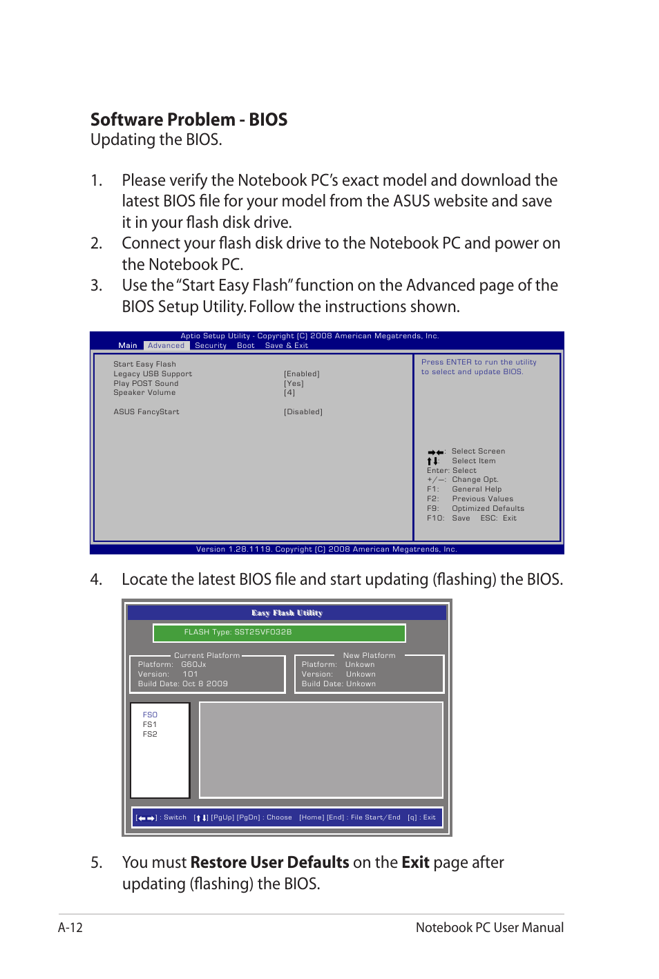 Software problem - bios | Asus G60Jx User Manual | Page 92 / 118