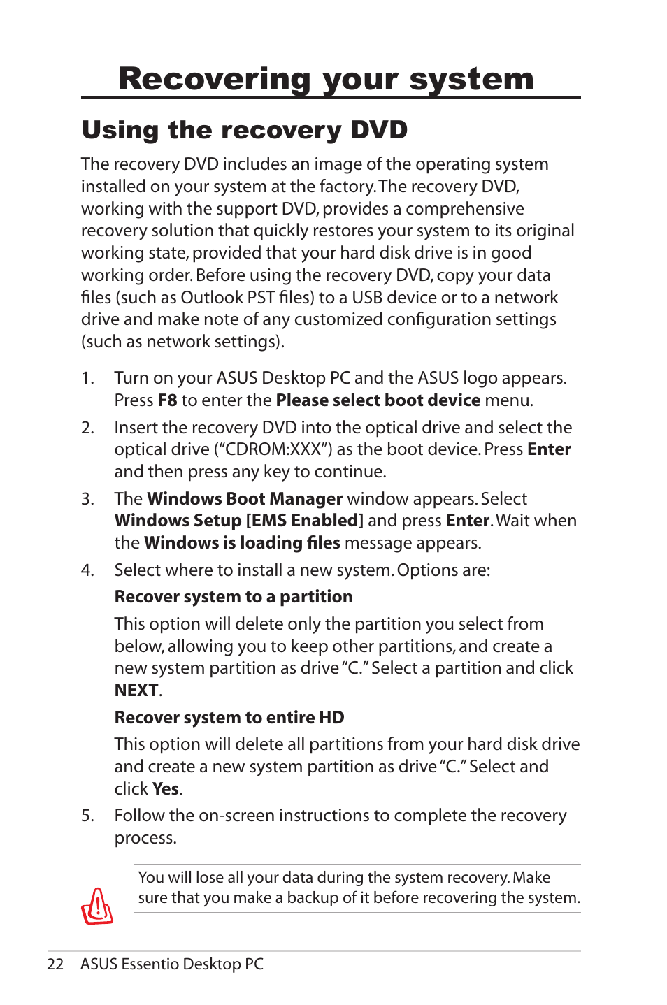 Recovering your system, Using the recovery dvd | Asus CG5270 User Manual | Page 22 / 25