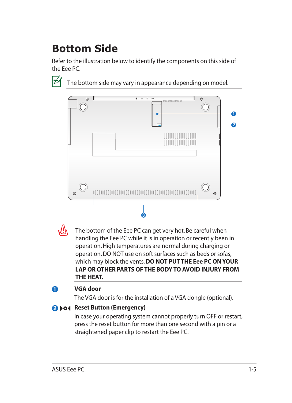 Bottom side, Bottom side -5 | Asus Eee PC 1008HA User Manual | Page 13 / 56