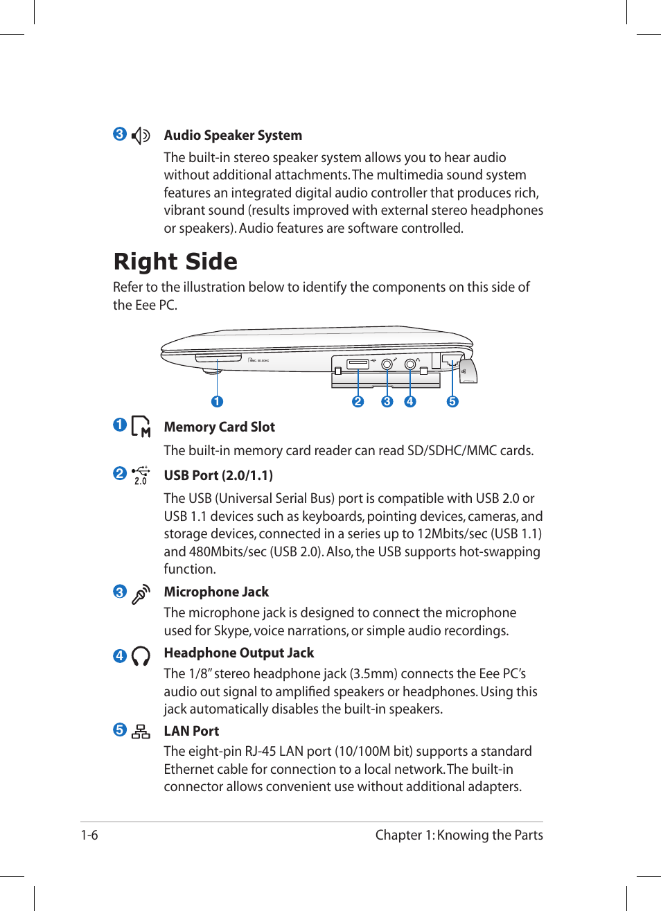 Right side, Right side -6 | Asus Eee PC 1008HA User Manual | Page 14 / 56