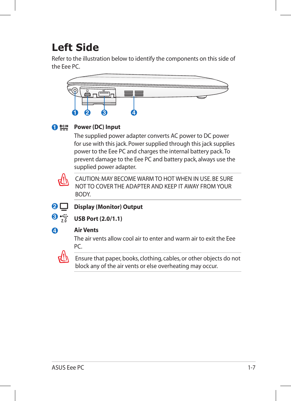 Left side, Left side -7 | Asus Eee PC 1008HA User Manual | Page 15 / 56