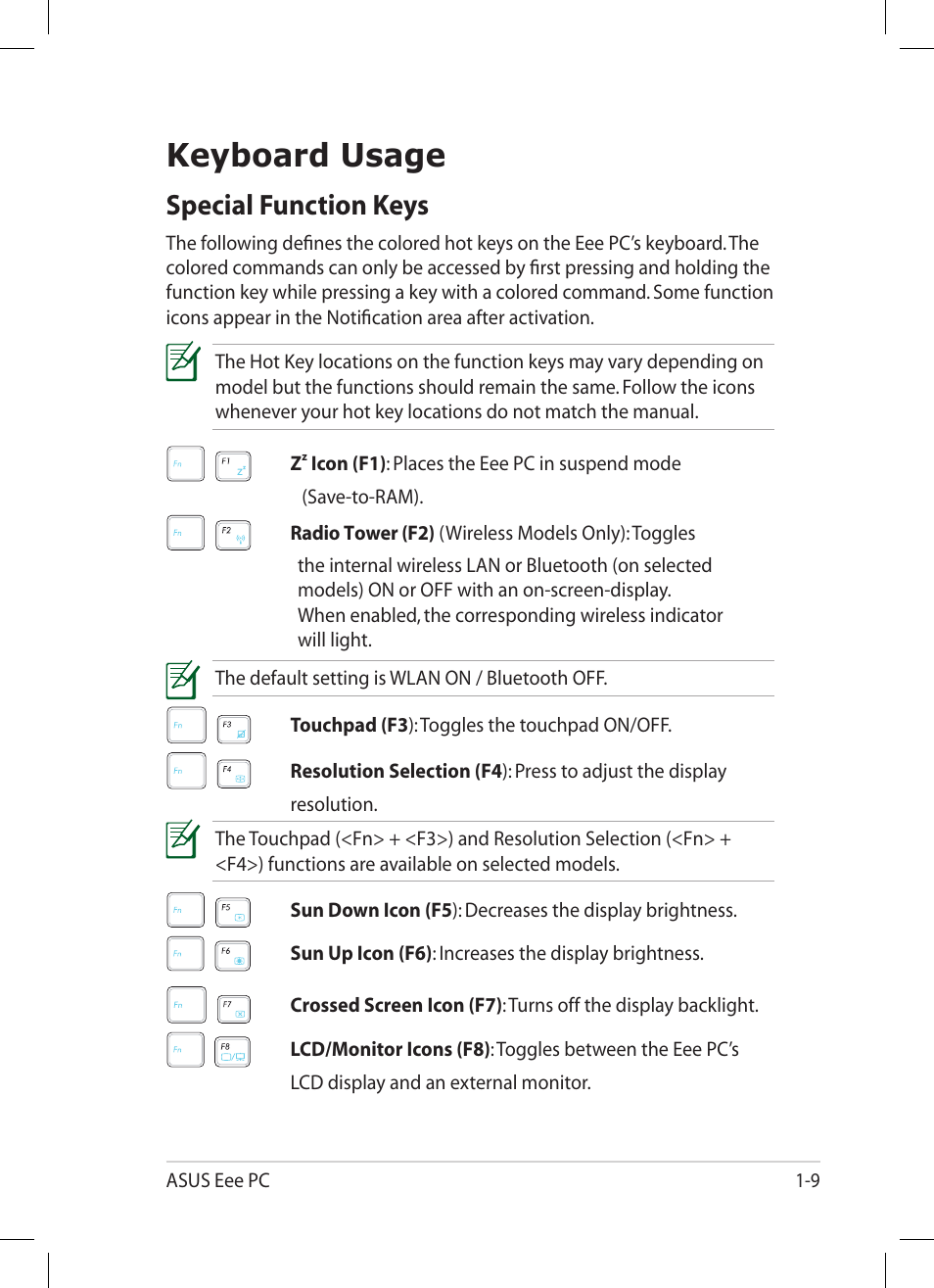 Keyboard usage, Keyboard usage -9, Special function keys | Asus Eee PC 1008HA User Manual | Page 17 / 56