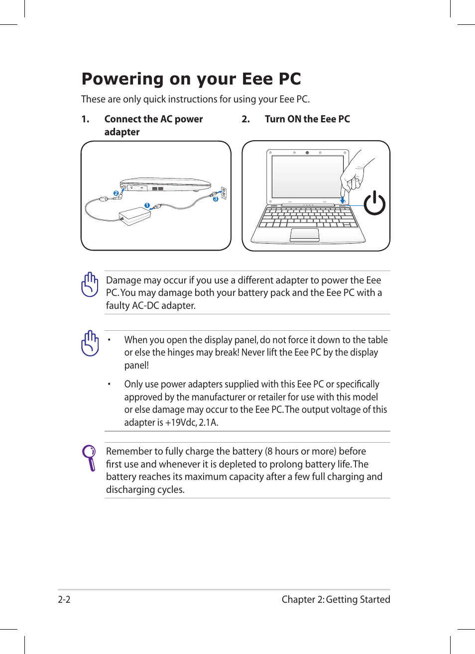 Powering on your eee pc, Powering on your eee pc -2 | Asus Eee PC 1008HA User Manual | Page 22 / 56