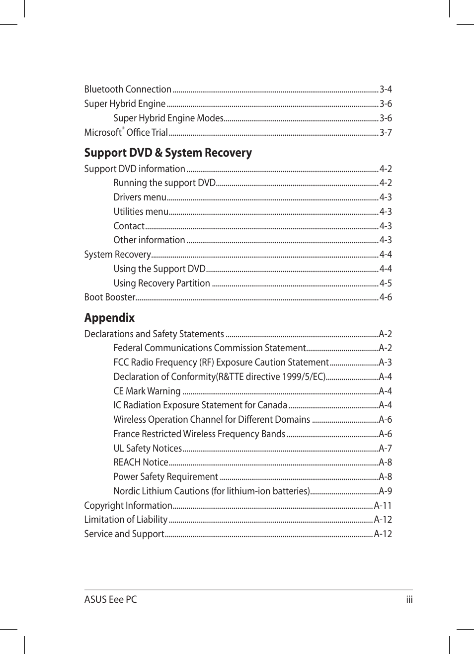 Support dvd & system recovery, Appendix | Asus Eee PC 1008HA User Manual | Page 3 / 56