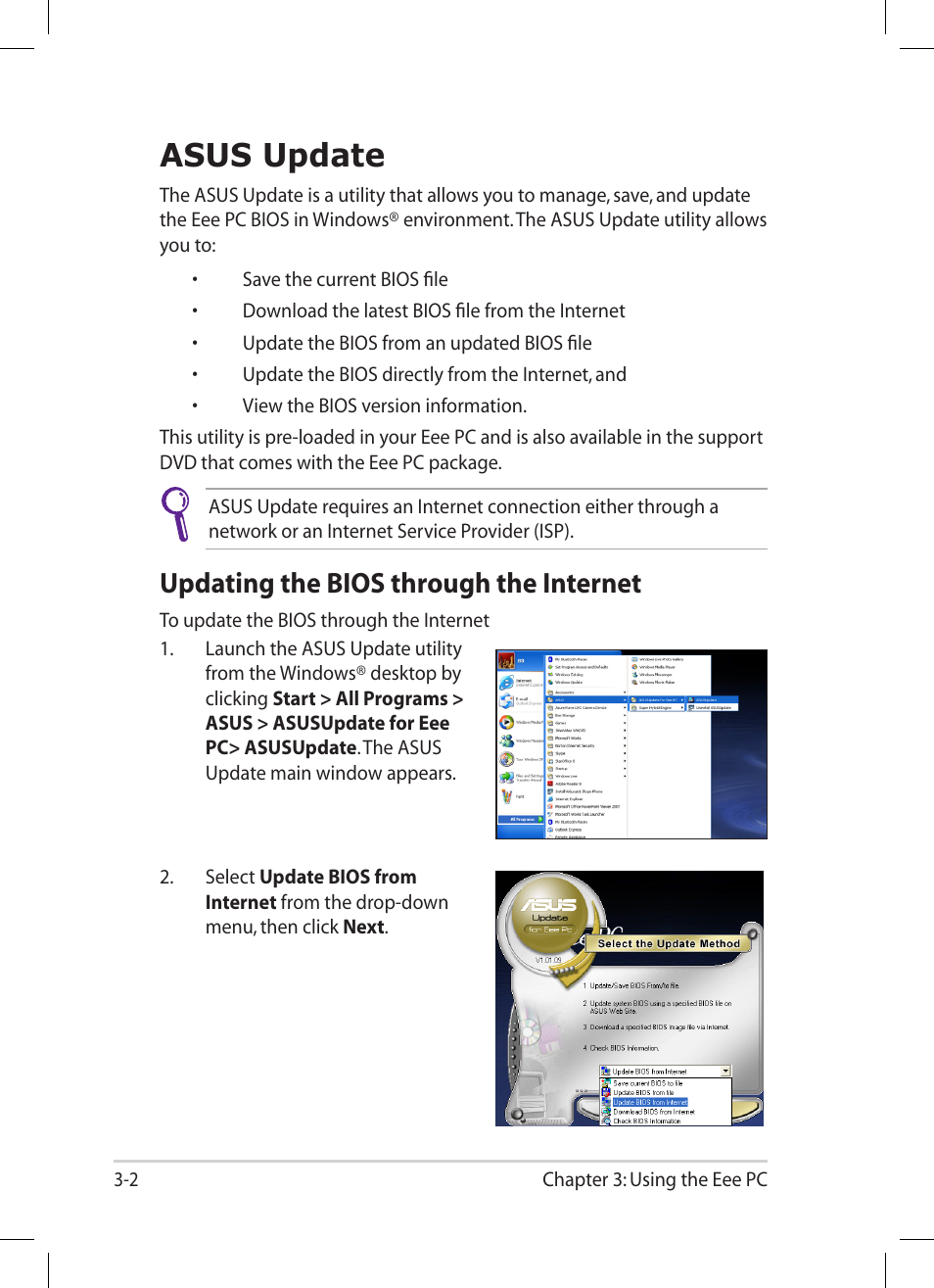 Asus update, Updating the bios through the internet, Asus update -2 | Updating the bios through the internet -2 | Asus Eee PC 1008HA User Manual | Page 32 / 56