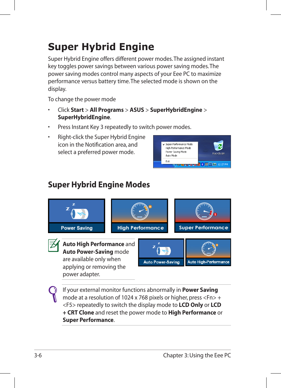 Super hybrid engine, Super hybrid engine modes, Super hybrid engine -6 | Super hybrid engine modes -6 | Asus Eee PC 1008HA User Manual | Page 36 / 56