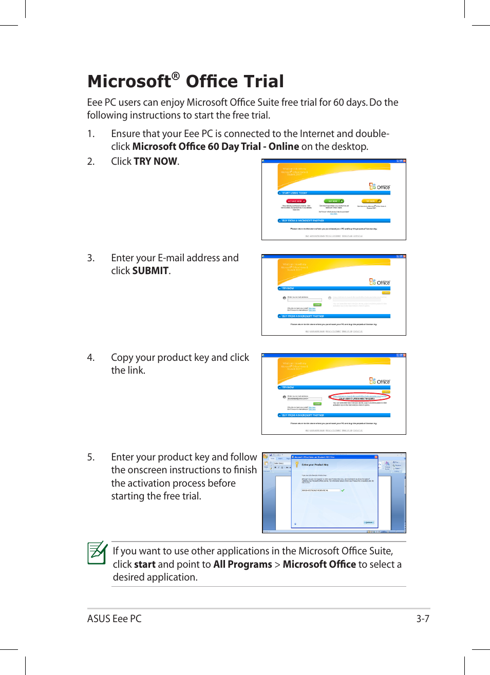 Microsoft® office trial, Microsoft, Office trial -7 | Office trial | Asus Eee PC 1008HA User Manual | Page 37 / 56