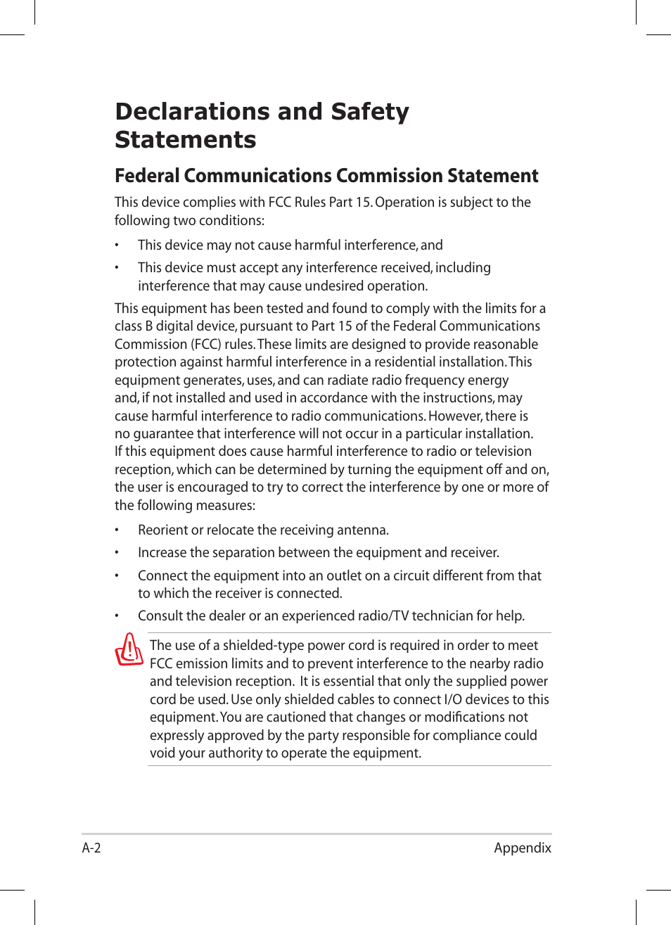 Declarations and safety statements, Federal communications commission statement | Asus Eee PC 1008HA User Manual | Page 46 / 56