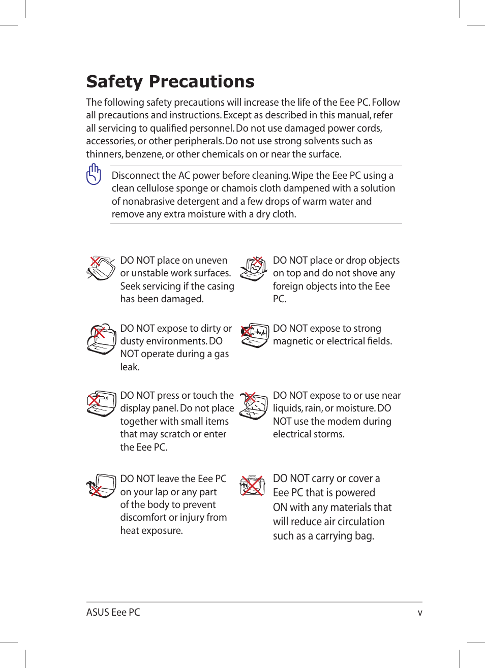 Safety precautions | Asus Eee PC 1008HA User Manual | Page 5 / 56