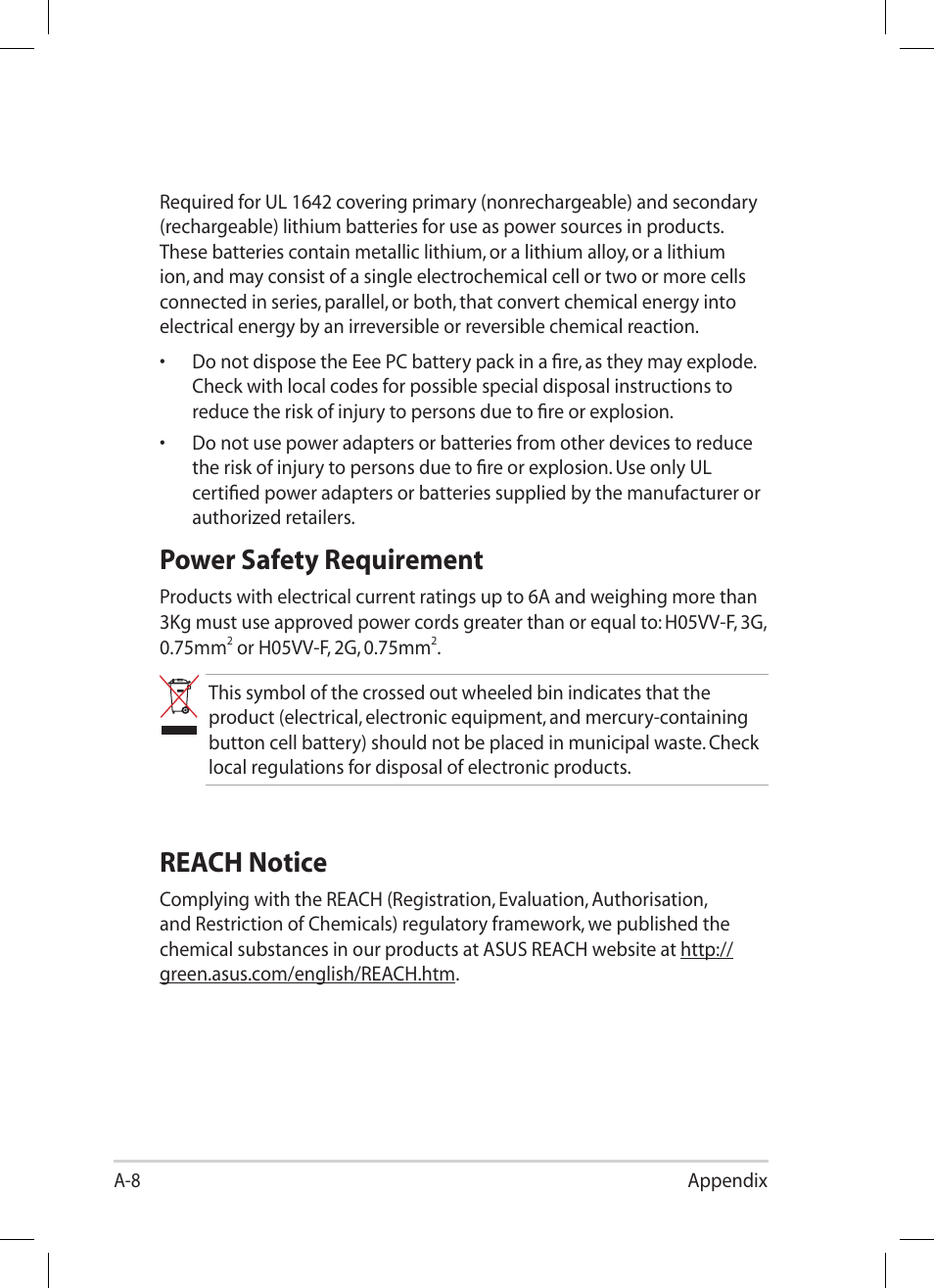 Reach notice, Power safety requirement | Asus Eee PC 1008HA User Manual | Page 52 / 56