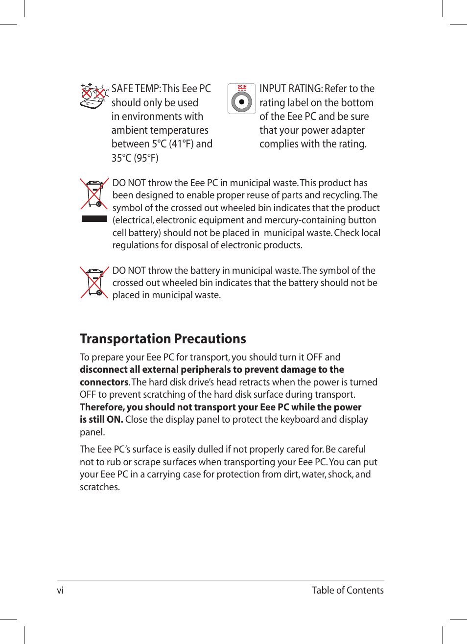 Transportation precautions | Asus Eee PC 1008HA User Manual | Page 6 / 56