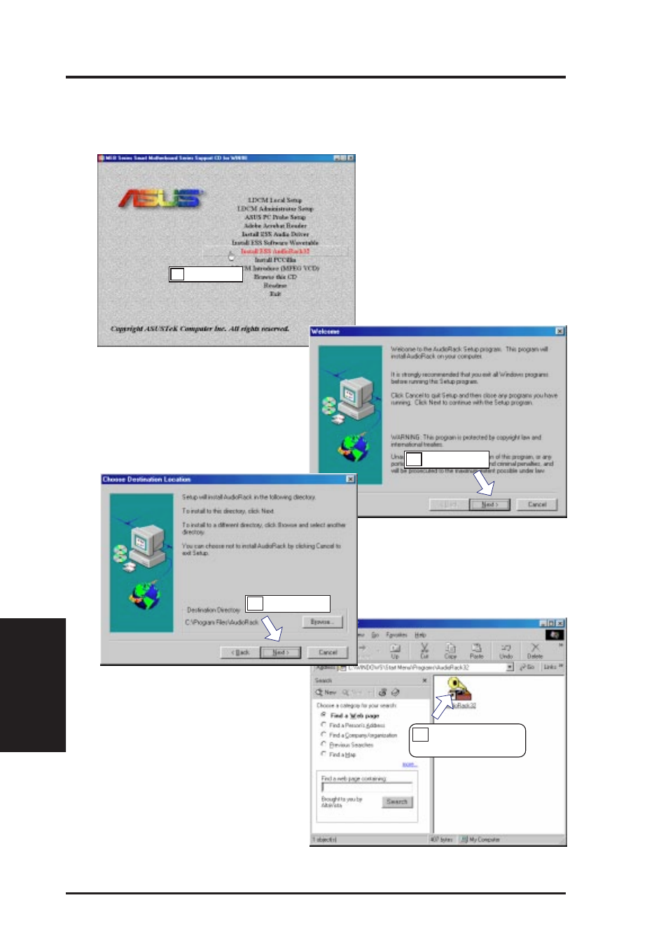 V. software setup, Installing audiorack32 (with onboard audio) | Asus MEB User Manual | Page 64 / 104