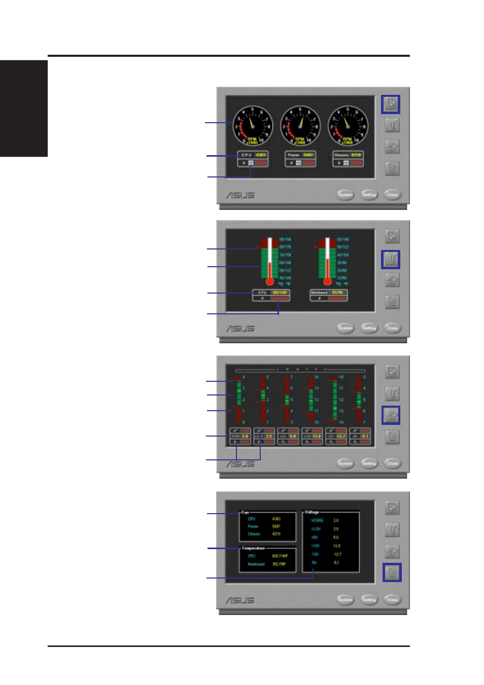 Vi. software reference, Using the asus pc probe, Fan rotation status pc temperature status | Pc voltage status, Pc status summary | Asus MEB User Manual | Page 86 / 104