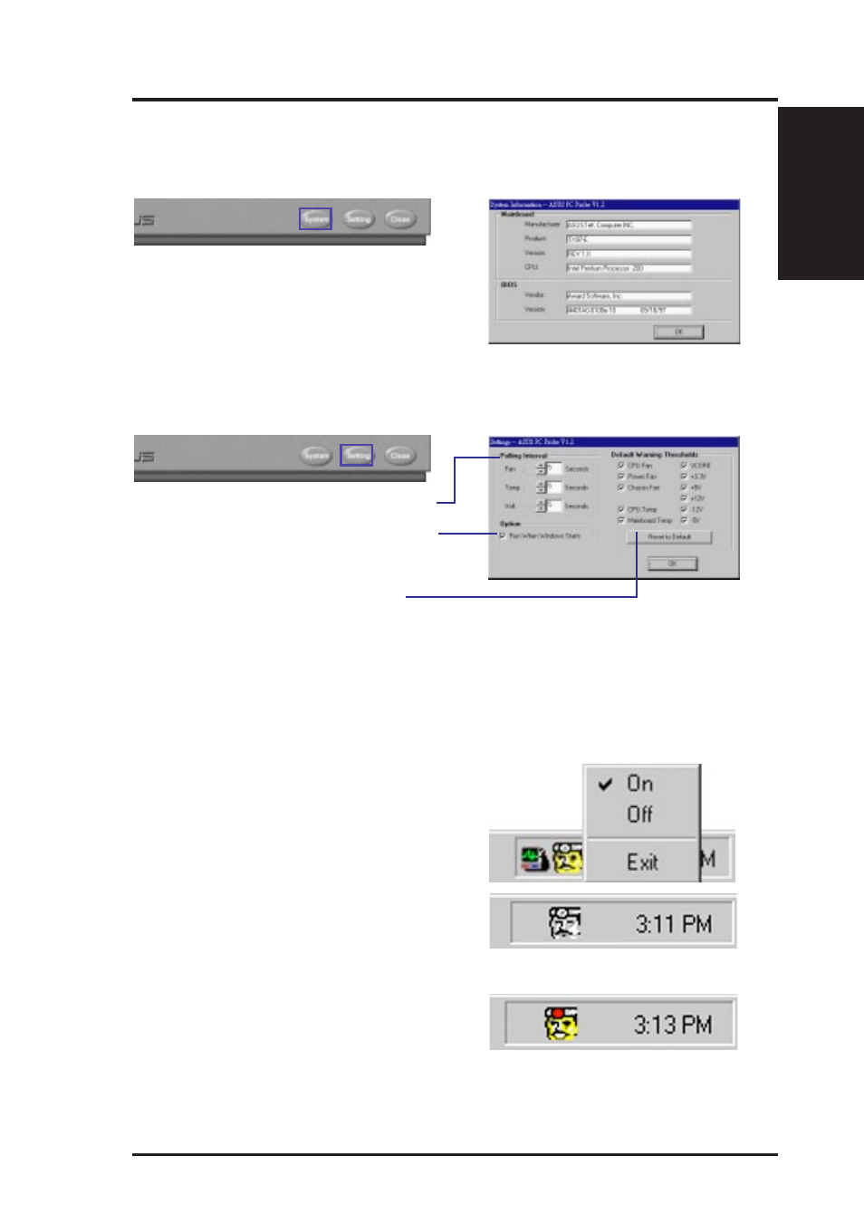 Vi. software reference, Using the asus pc probe | Asus MEB User Manual | Page 87 / 104