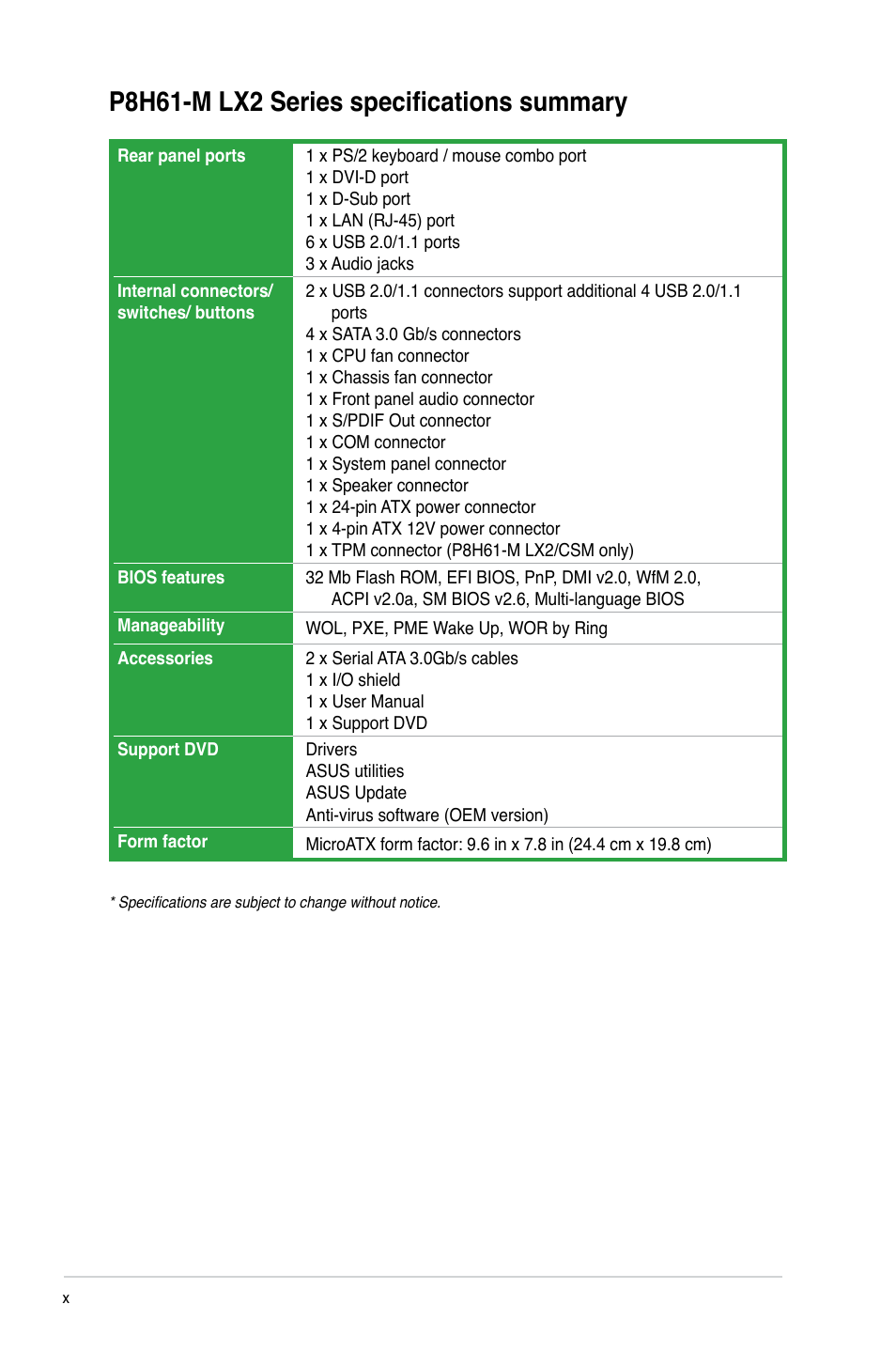 P8h61-m lx2 series specifications summary | Asus P8H61-M LX2 User Manual | Page 10 / 64