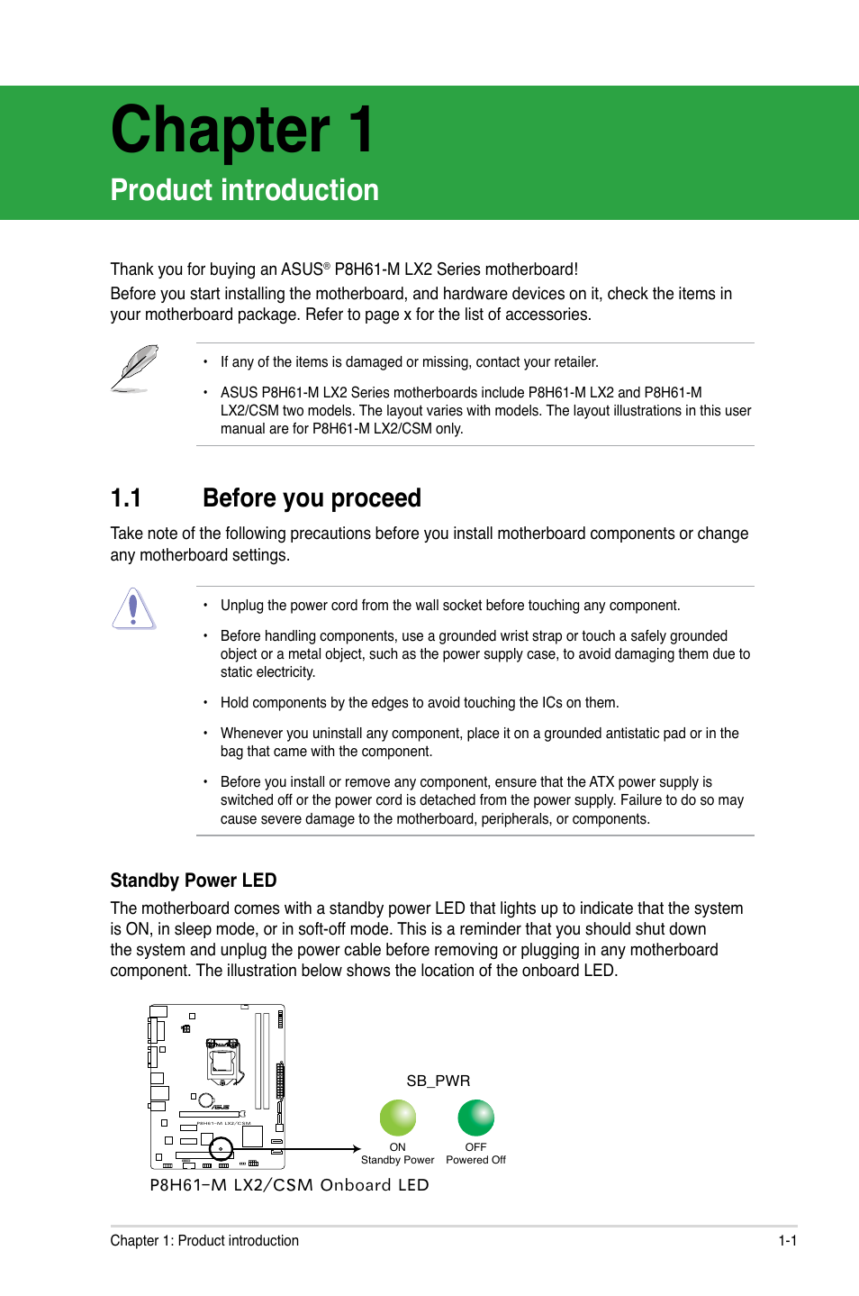 Chapter 1, Product introduction, 1 before you proceed | Before you proceed -1 | Asus P8H61-M LX2 User Manual | Page 11 / 64