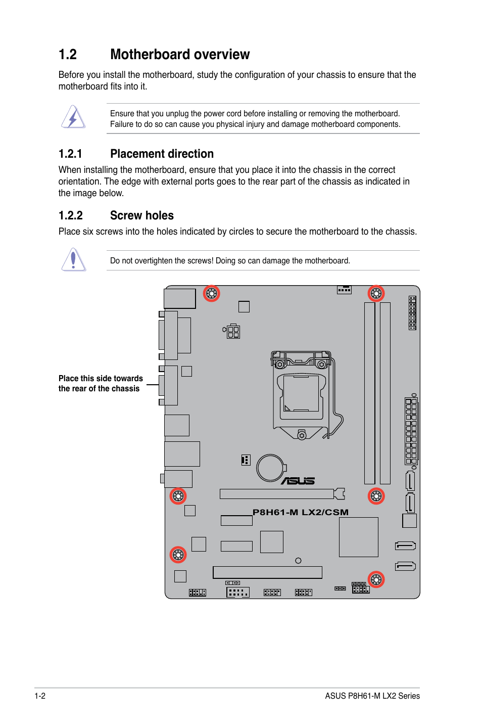 2 motherboard overview, 1 placement direction, 2 screw holes | Motherboard overview -2 1.2.1, Placement direction -2, Screw holes -2 | Asus P8H61-M LX2 User Manual | Page 12 / 64