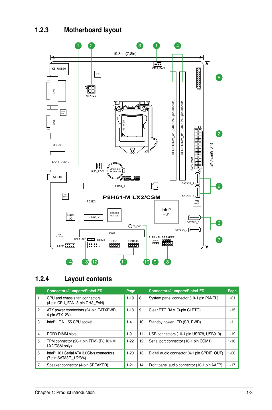 3 motherboard layout, 4 layout contents, Motherboard layout -3 | Layout contents -3, 3 motherboard layout 1.2.4 layout contents, P8h61-m lx2/csm, 3 chapter 1: product introduction | Asus P8H61-M LX2 User Manual | Page 13 / 64