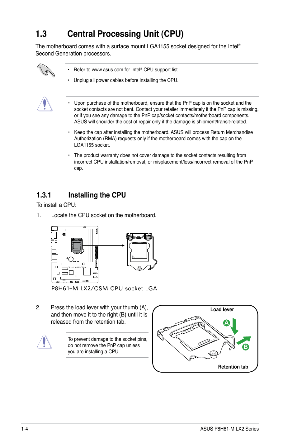 3 central processing unit (cpu), 1 installing the cpu, Central processing unit (cpu) -4 1.3.1 | Installing the cpu -4 | Asus P8H61-M LX2 User Manual | Page 14 / 64