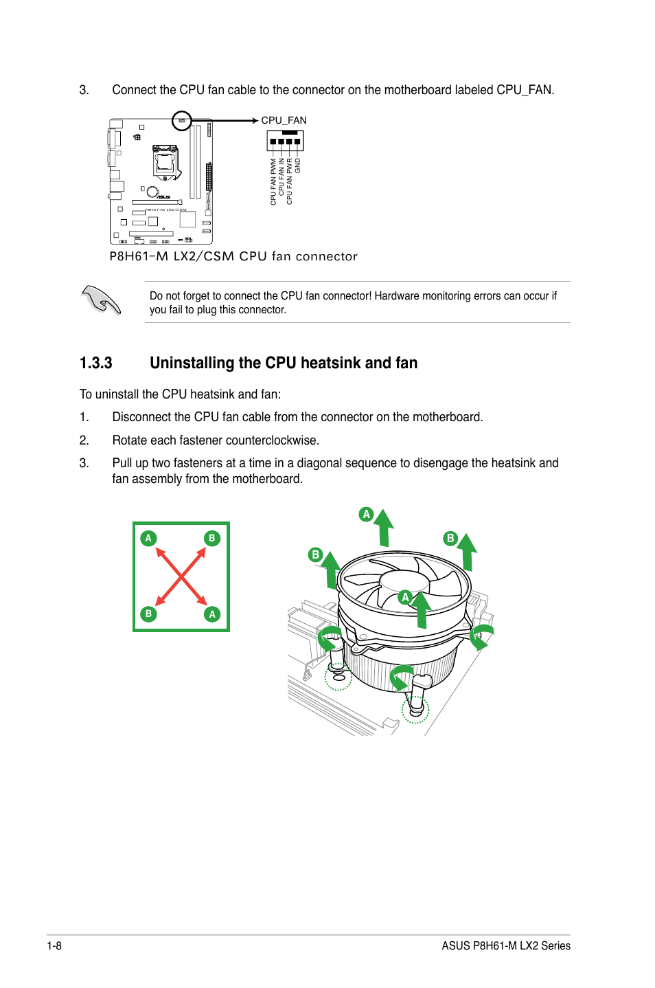 3 uninstalling the cpu heatsink and fan, Uninstalling the cpu heatsink and fan -8 | Asus P8H61-M LX2 User Manual | Page 18 / 64