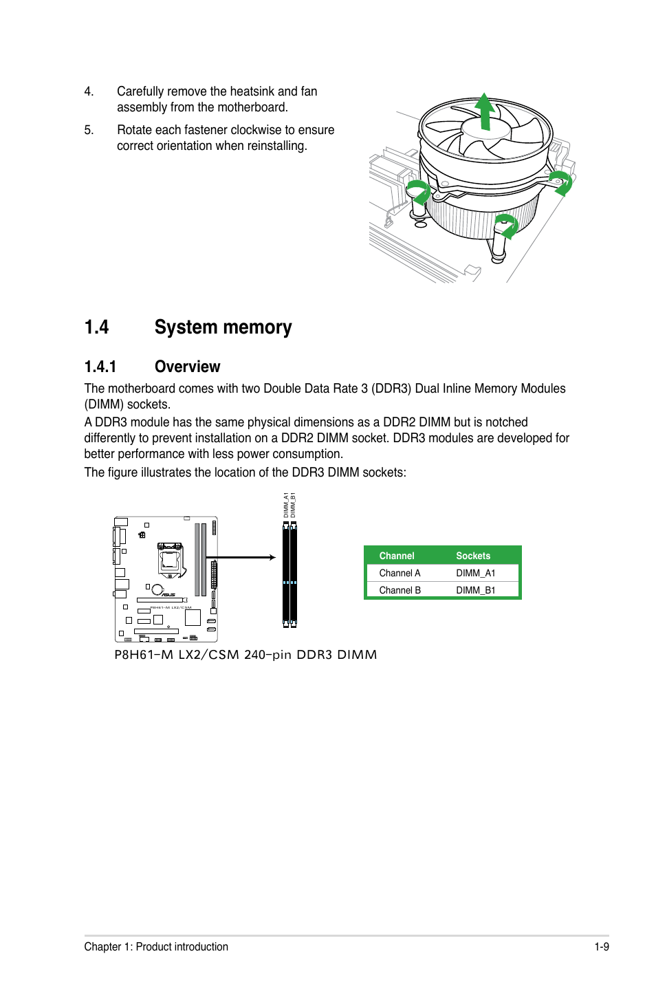 4 system memory, 1 overview, System memory -9 1.4.1 | Overview -9 | Asus P8H61-M LX2 User Manual | Page 19 / 64