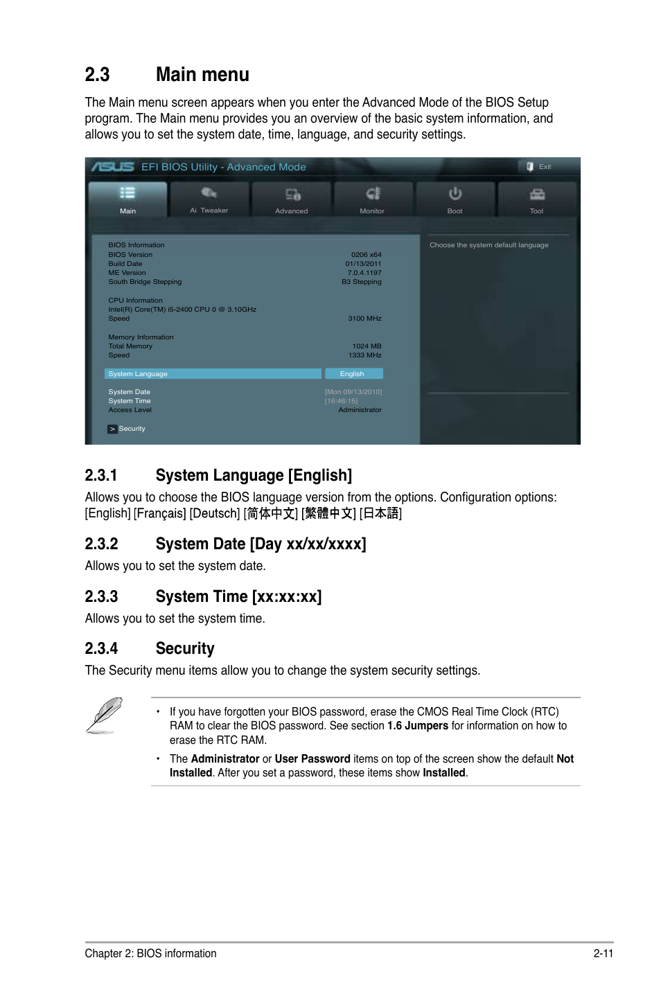 3 main menu, 1 system language [english, 2 system date [day xx/xx/xxxx | 3 system time [xx:xx:xx, 4 security, Main menu -11 2.3.1, System language [english] -11, System date [day xx/xx/xxxx] -11, System time [xx:xx:xx] -11, Security -11 | Asus P8H61-M LX2 User Manual | Page 45 / 64