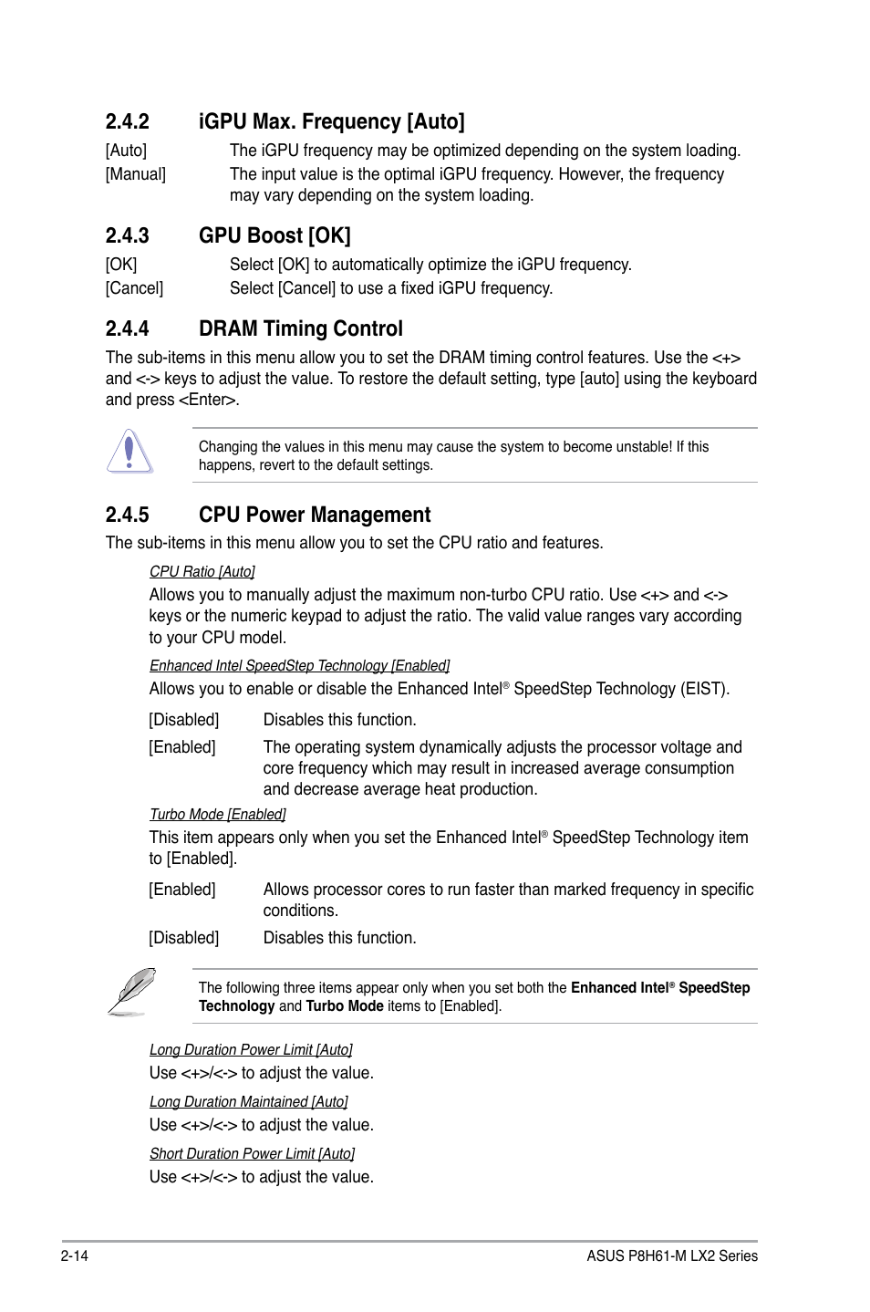 2 igpu max. frequency [auto, 3 gpu boost [ok, 4 dram timing control | 5 cpu power management, Igpu max. frequency [auto] -14, Gpu boost [ok] -14, Dram timing control -14, Cpu power management -14 | Asus P8H61-M LX2 User Manual | Page 48 / 64