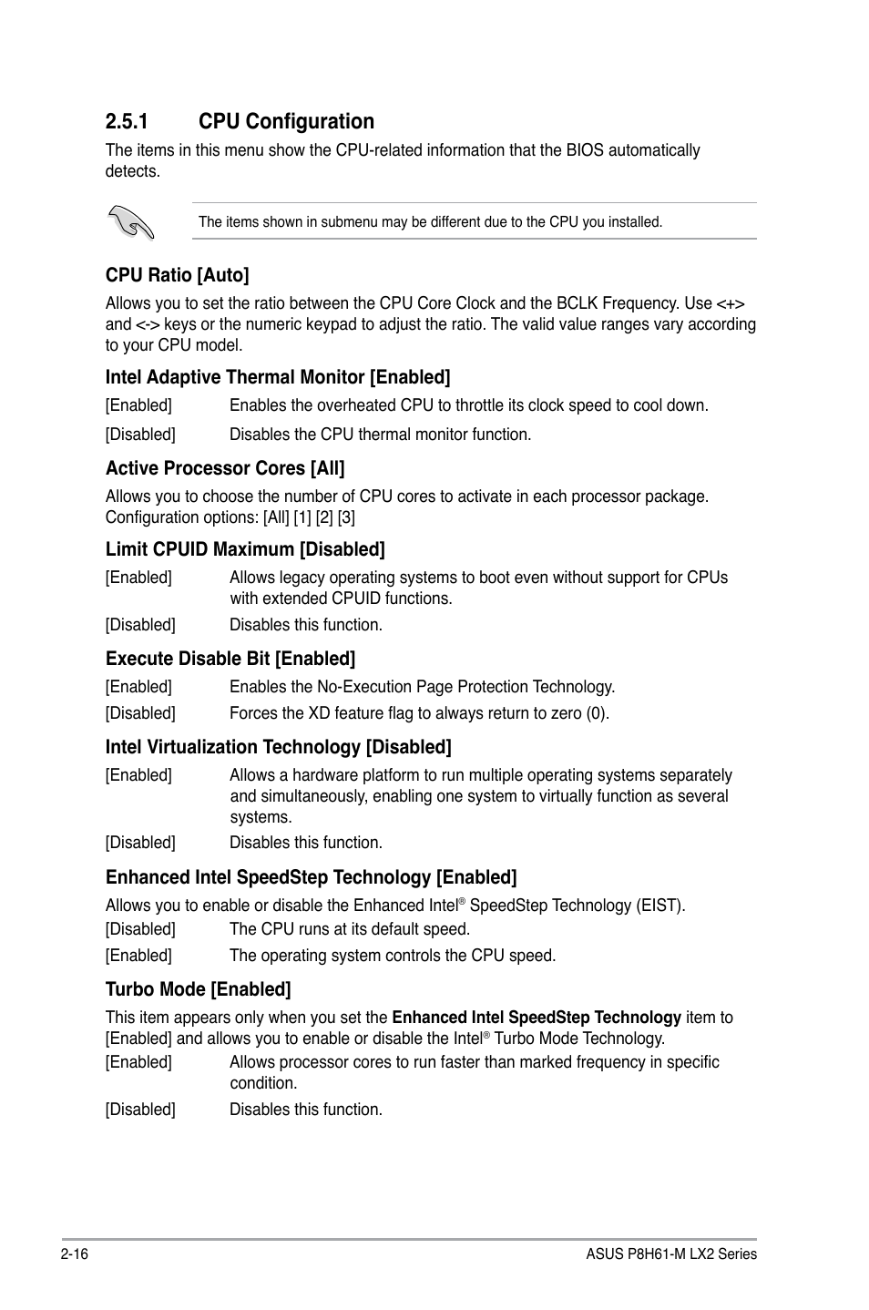 1 cpu configuration, Cpu configuration -16 | Asus P8H61-M LX2 User Manual | Page 50 / 64