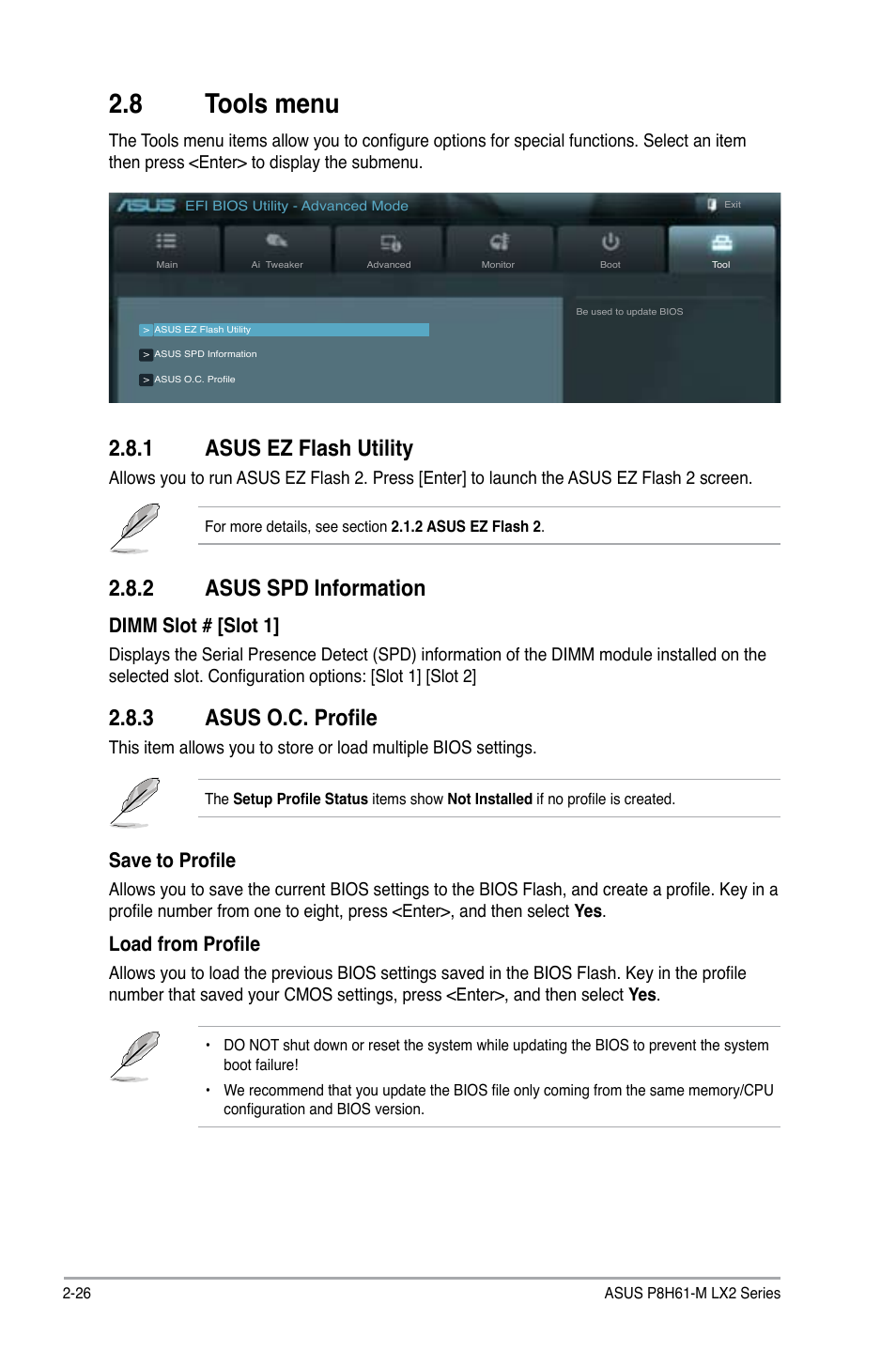 8 tools menu, 1 asus ez flash utility, 2 asus spd information | 3 asus o.c. profile, Tools menu -26 2.8.1, Asus ez flash utility -26, Asus spd information -26, Asus o.c. profile -26, Dimm slot # [slot 1, Save to profile | Asus P8H61-M LX2 User Manual | Page 60 / 64