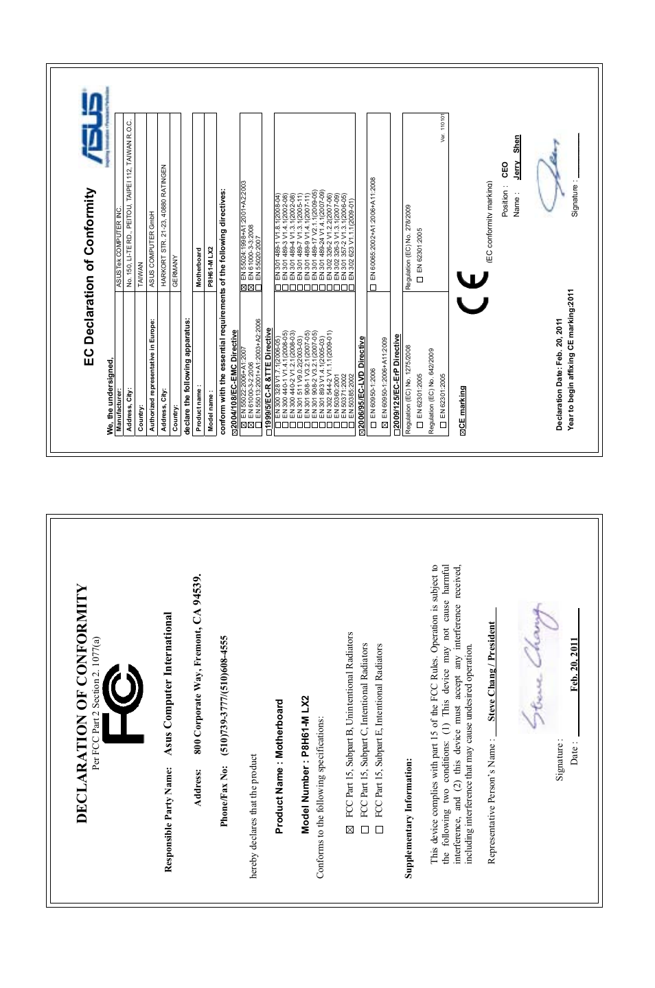 Declaration of conformity, Ec declaration of conformity, Asu s c om pu te r in te rn at io na l | Asus P8H61-M LX2 User Manual | Page 64 / 64