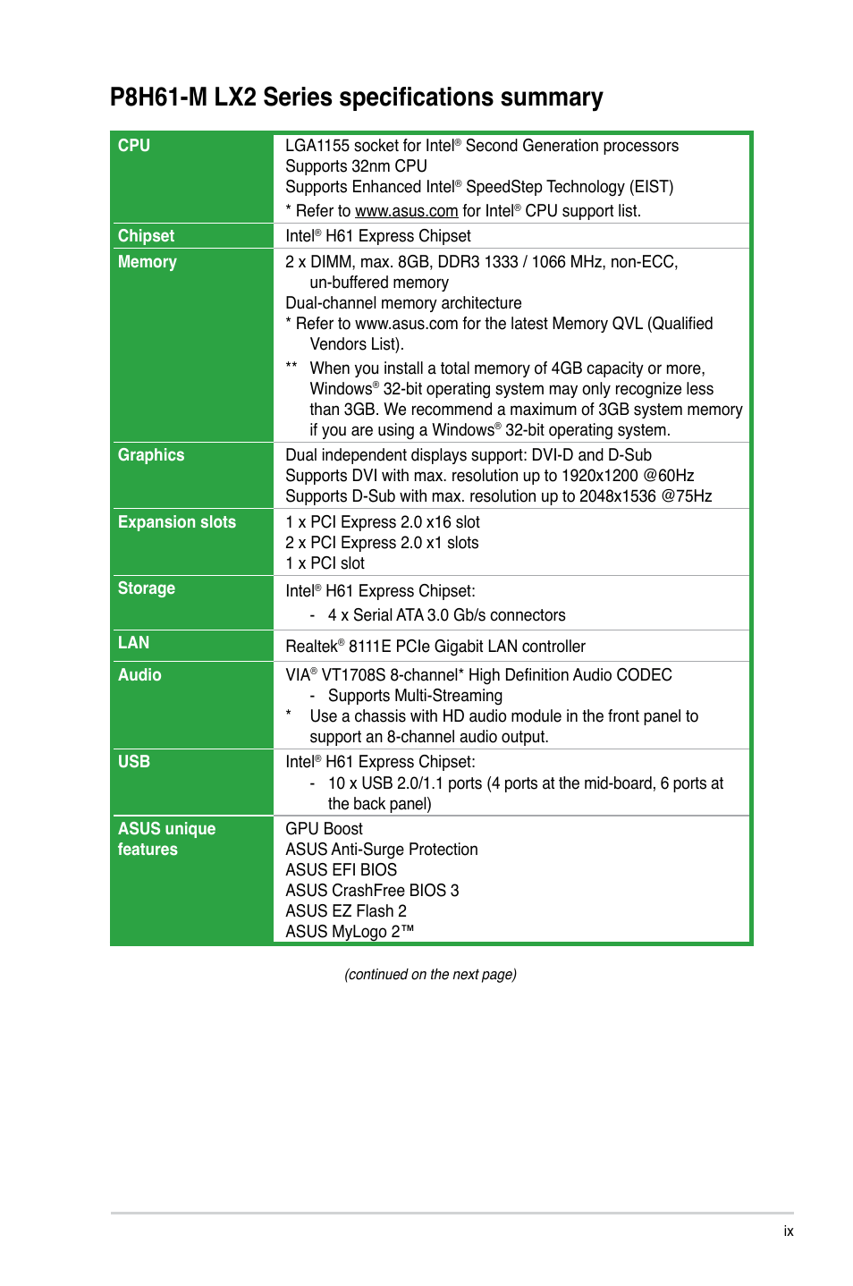 P8h61-m lx2 series specifications summary | Asus P8H61-M LX2 User Manual | Page 9 / 64