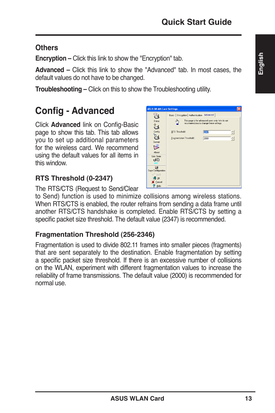 Config - advanced, Quick start guide | Asus WL-100W User Manual | Page 13 / 21