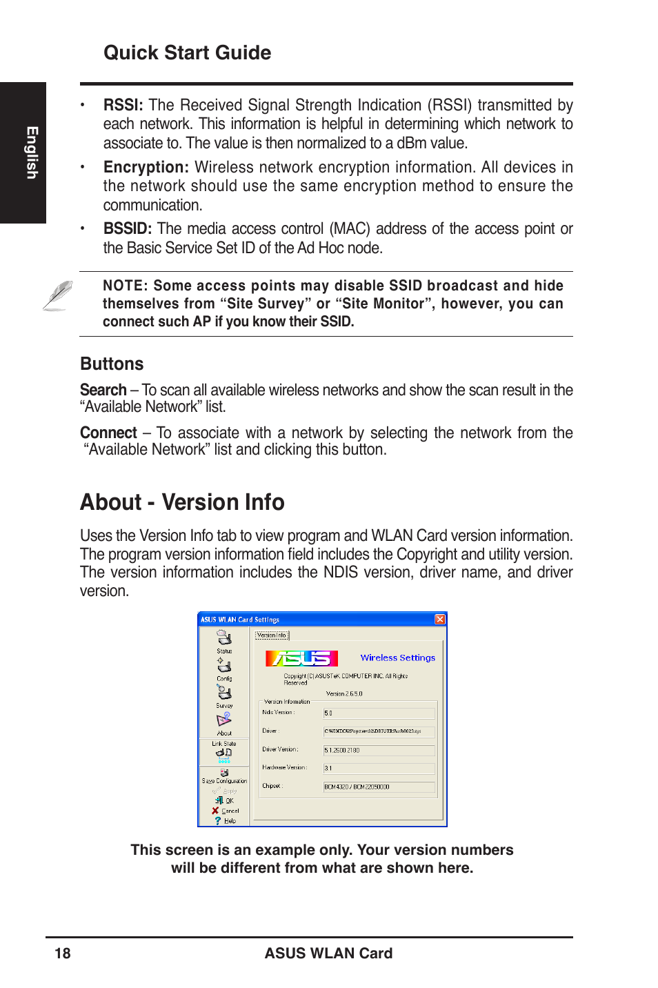 About - version info, Quick start guide | Asus WL-100W User Manual | Page 18 / 21