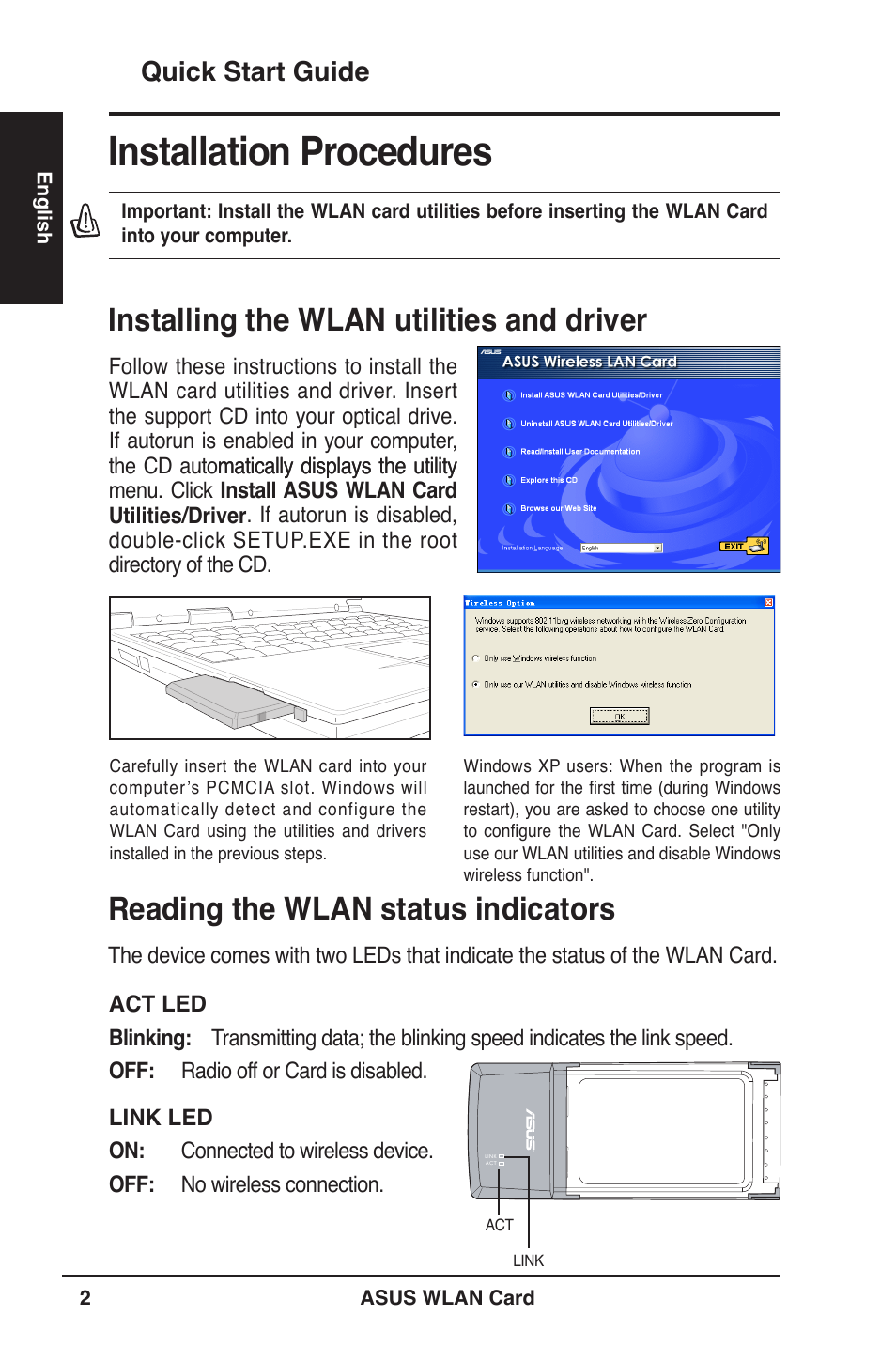 Installation procedures, Installing the wlan utilities and driver, Reading the wlan status indicators | Quick start guide | Asus WL-100W User Manual | Page 2 / 21