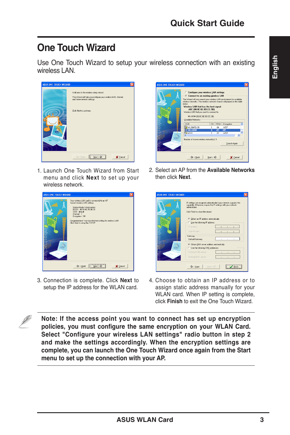 One touch wizard, Quick start guide | Asus WL-100W User Manual | Page 3 / 21