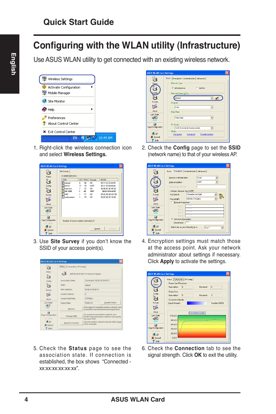 Configuring with the wlan utility (infrastructure), Quick start guide | Asus WL-100W User Manual | Page 4 / 21