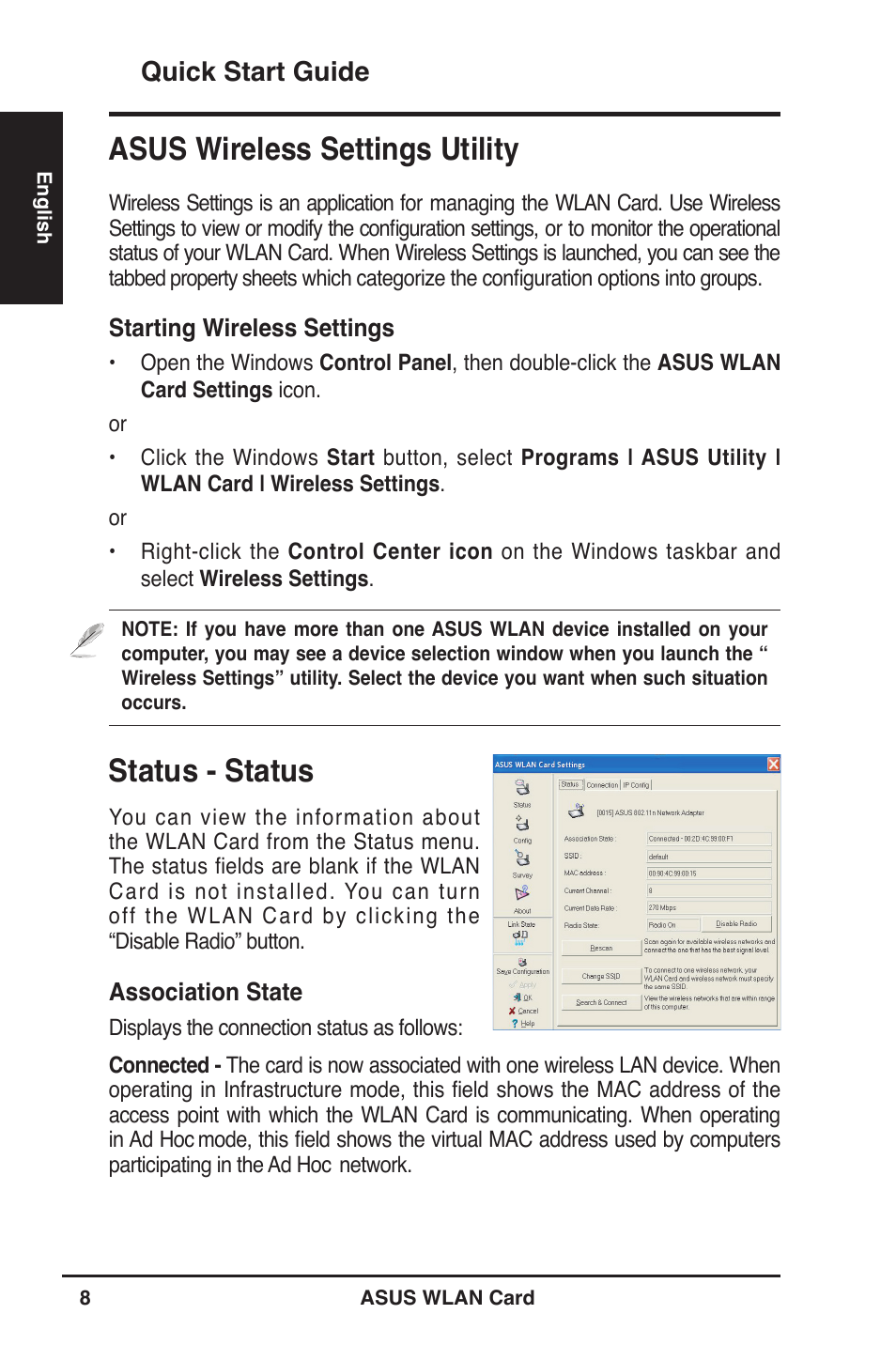 Status - status, Asus wireless settings utility, Quick start guide | Asus WL-100W User Manual | Page 8 / 21