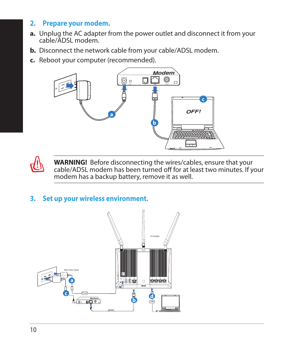 English, Prepare your modem, Set up your wireless environment | Asus RT-AC68U User Manual | Page 10 / 260