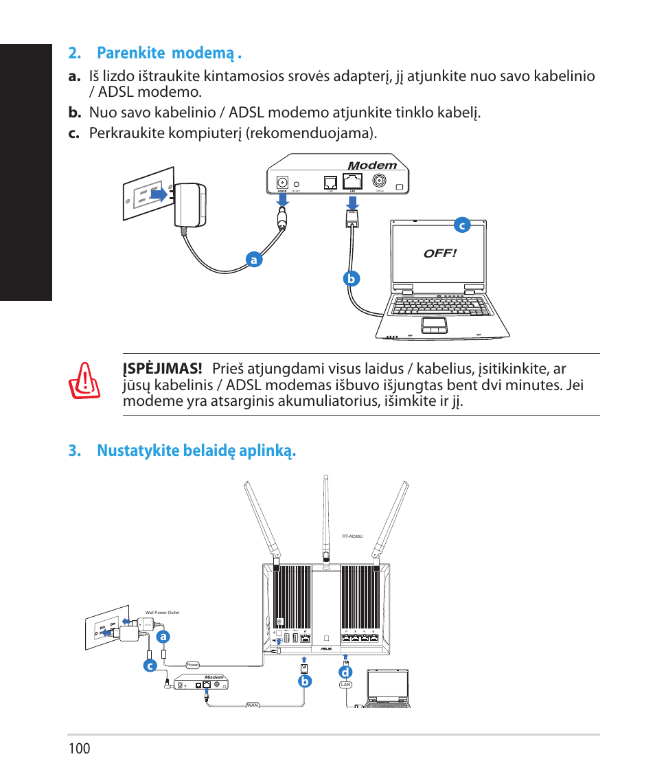 Lietuvių, Parenkite modemą, Nustatykite belaidę aplinką | Asus RT-AC68U User Manual | Page 100 / 260