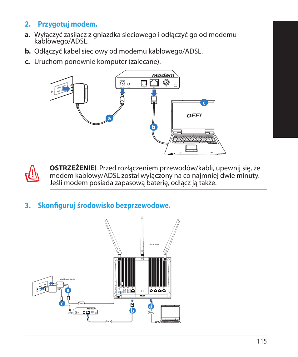 Polsk i, Przygotuj modem, Skonfiguruj środowisko bezprzewodowe | Asus RT-AC68U User Manual | Page 115 / 260