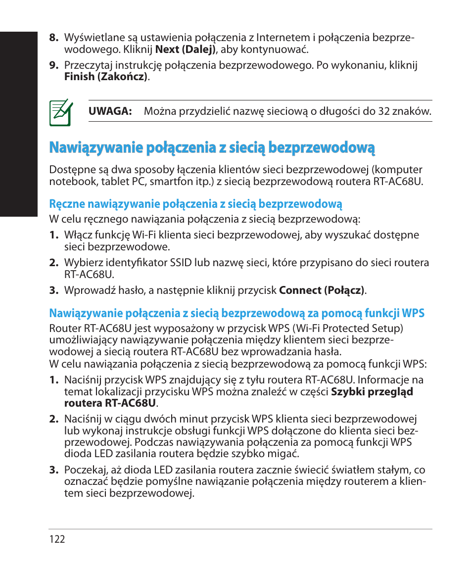 Polsk i, Nawiązywanie połączenia z siecią bezprzewodową | Asus RT-AC68U User Manual | Page 122 / 260