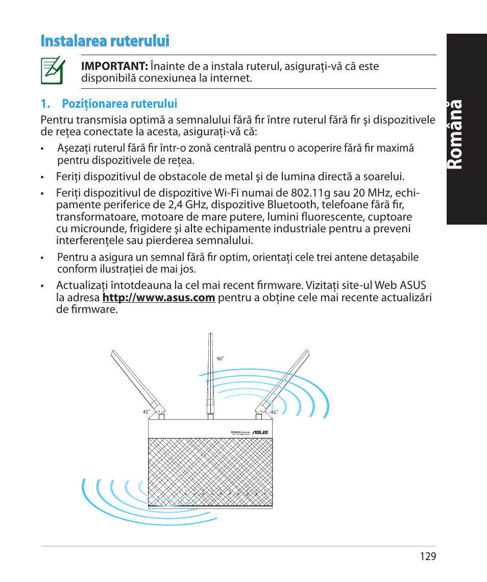 Română, Instalarea ruterului | Asus RT-AC68U User Manual | Page 129 / 260