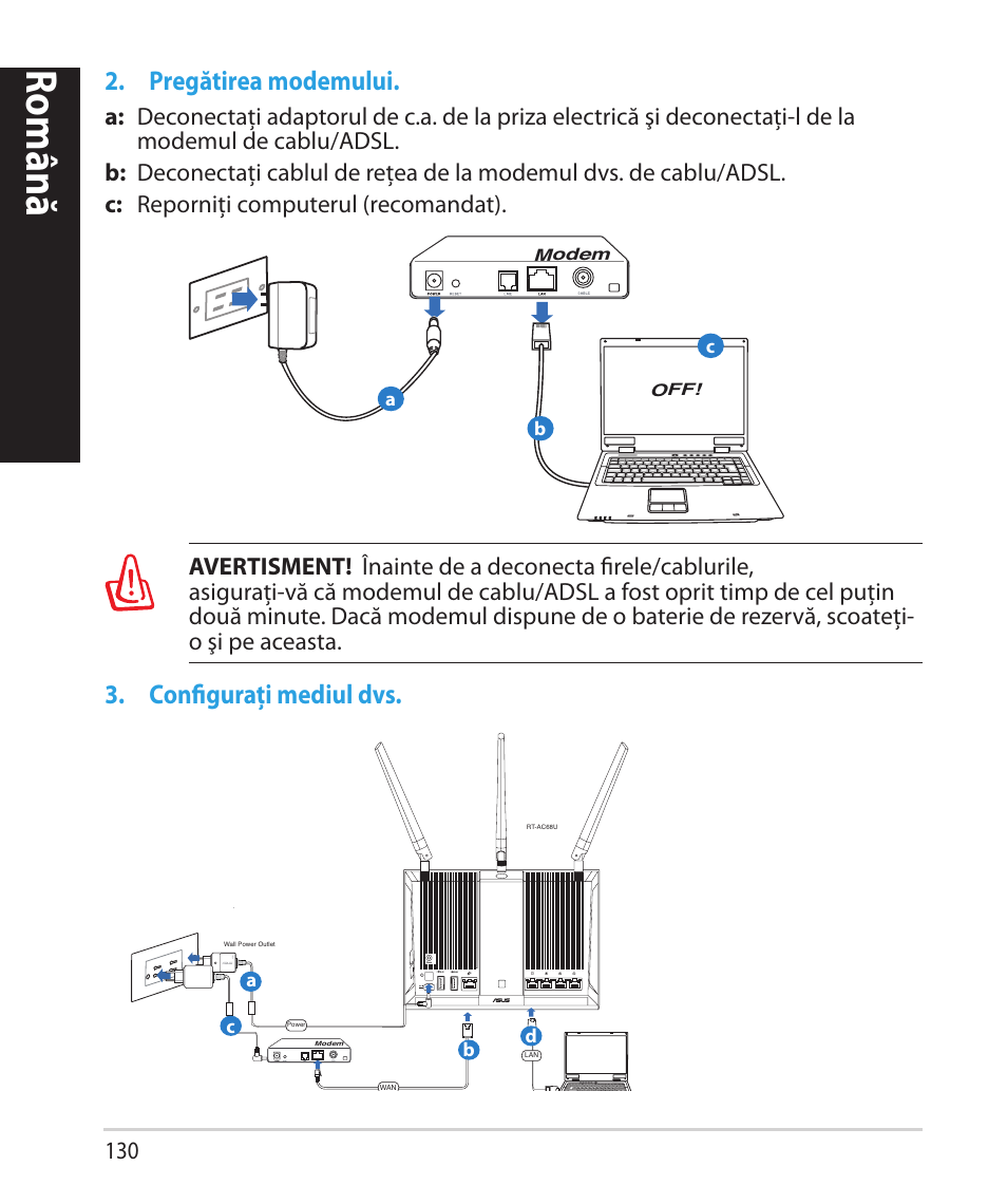 Română, Pregătirea modemului, Configuraţi mediul dvs | Asus RT-AC68U User Manual | Page 130 / 260