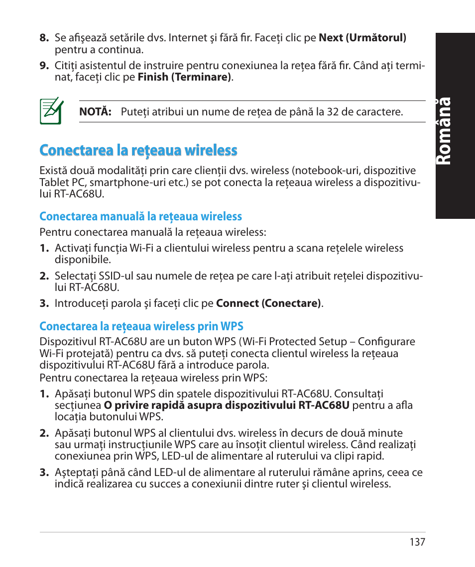 Română, Conectarea la reţeaua wireless | Asus RT-AC68U User Manual | Page 137 / 260