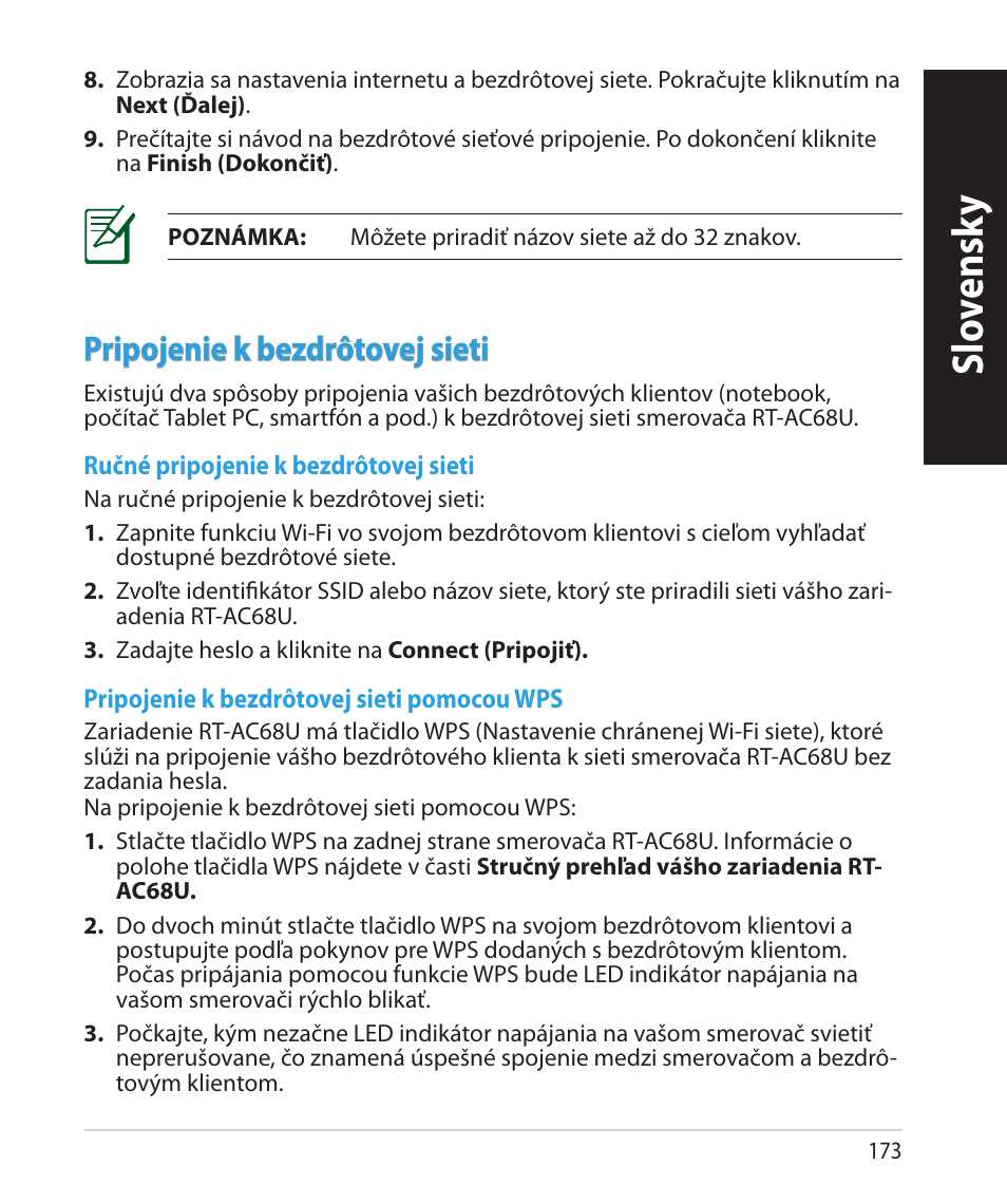 Slo vensk y slo vensk y slo vensk y, Pripojenie k bezdrôtovej sieti | Asus RT-AC68U User Manual | Page 173 / 260