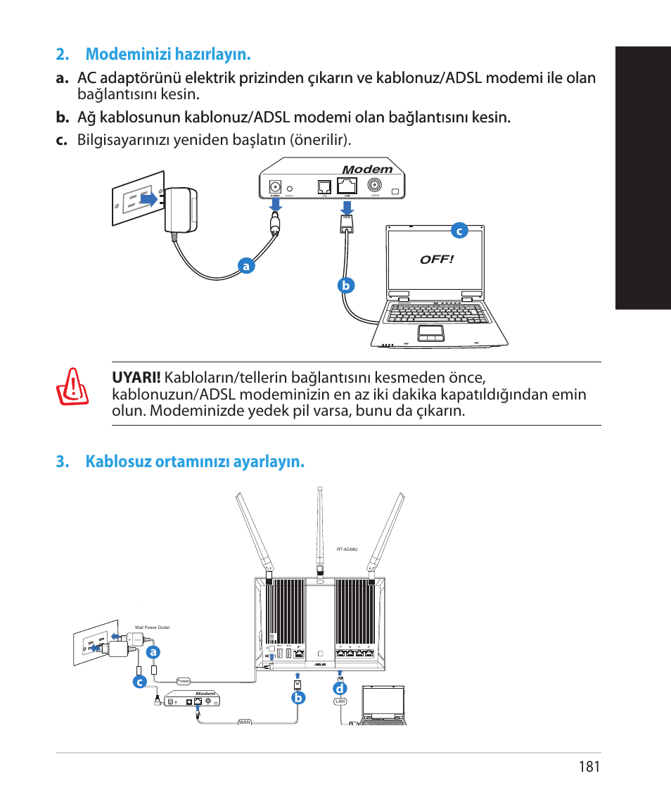 Tür kç e, Modeminizi hazırlayın, Kablosuz ortamınızı ayarlayın | Asus RT-AC68U User Manual | Page 181 / 260