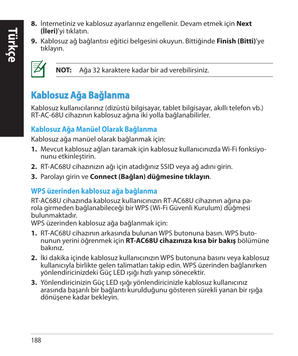 Tür kç e tür kç e, Kablosuz ağa bağlanma | Asus RT-AC68U User Manual | Page 188 / 260